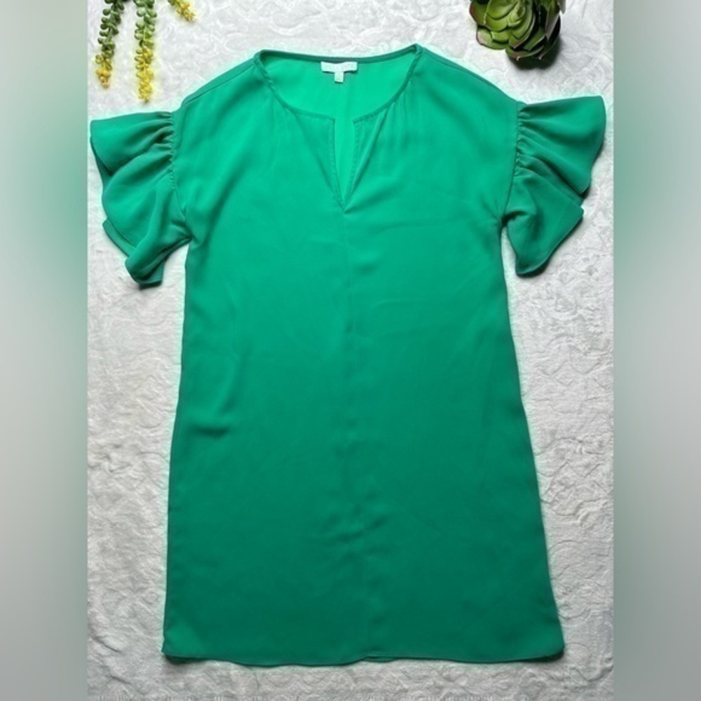 Anna Cate Ruffle Sleeve V-Neck Tunic Shift Dress in Billiard Green Womens Medium